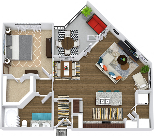 Floor plan for 1 bed, 1 bath, 820 sqft